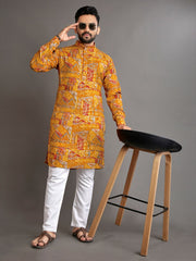 Men Printed, Self Design Cotton Linen  Kurta