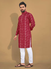 Men Printed, Self Design Cotton Linen  Kurta
